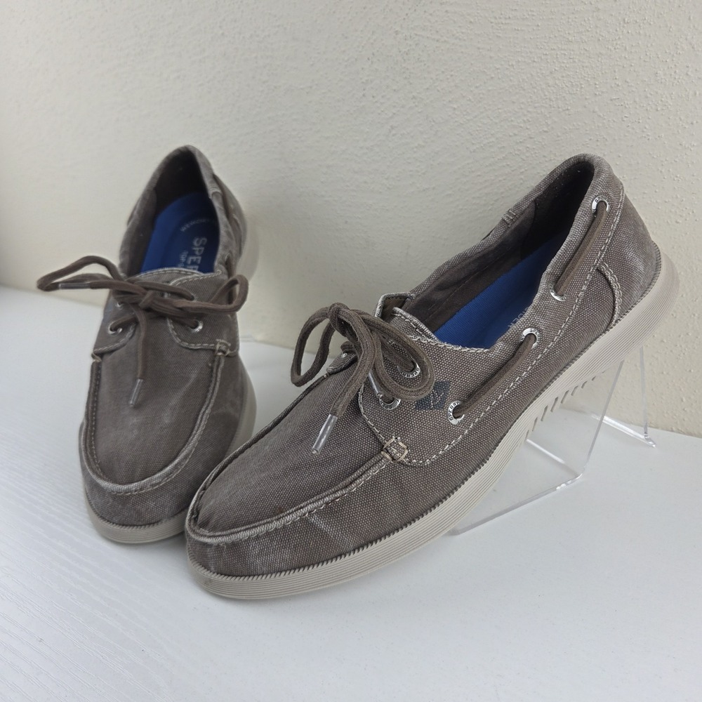 Sperry Gray Top-Sider Distrrssed Canvas 2 Eye Memory Foam Boat Shoes Mens 7.5 M